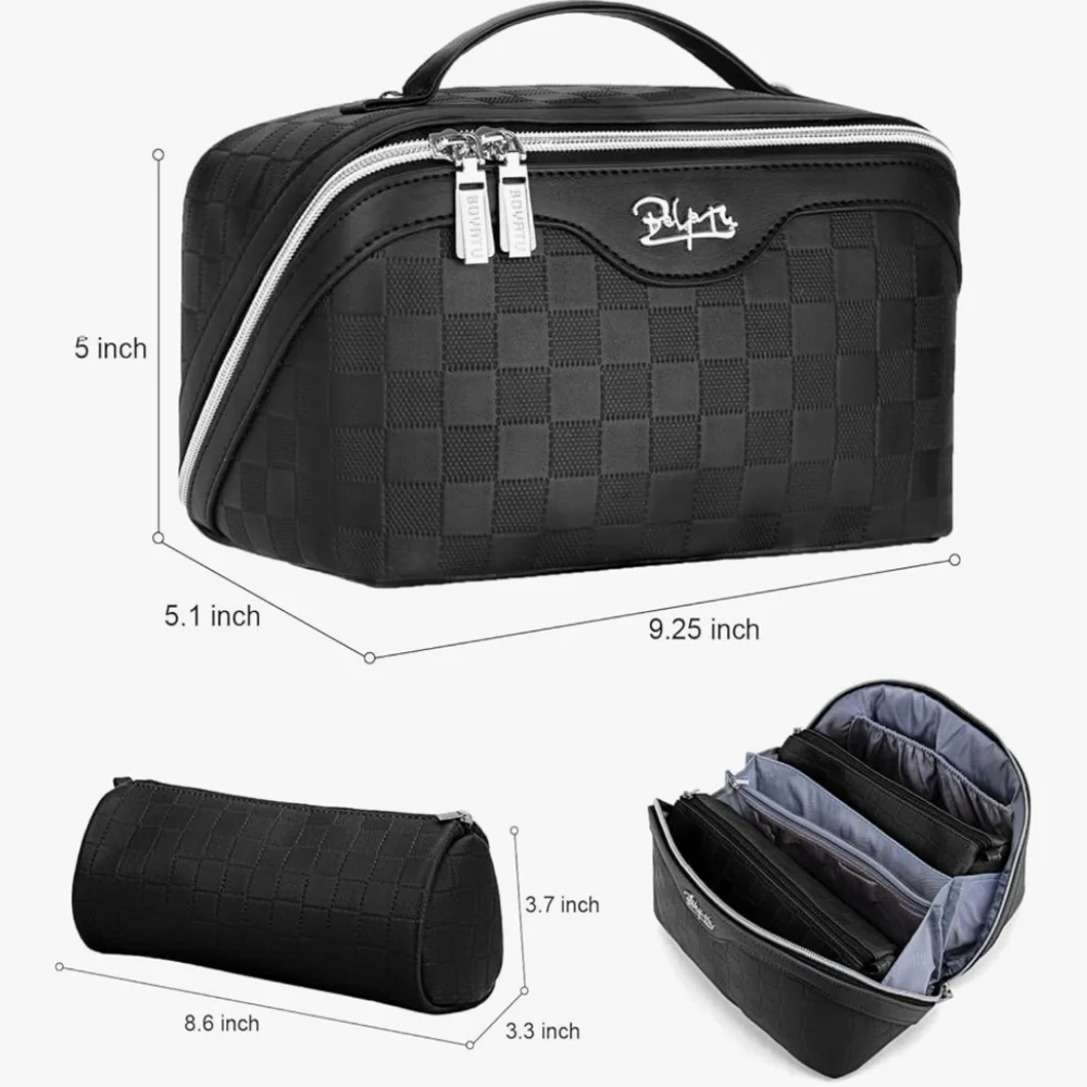 Black Checkered Toiletry Bag With Multiple Compartments